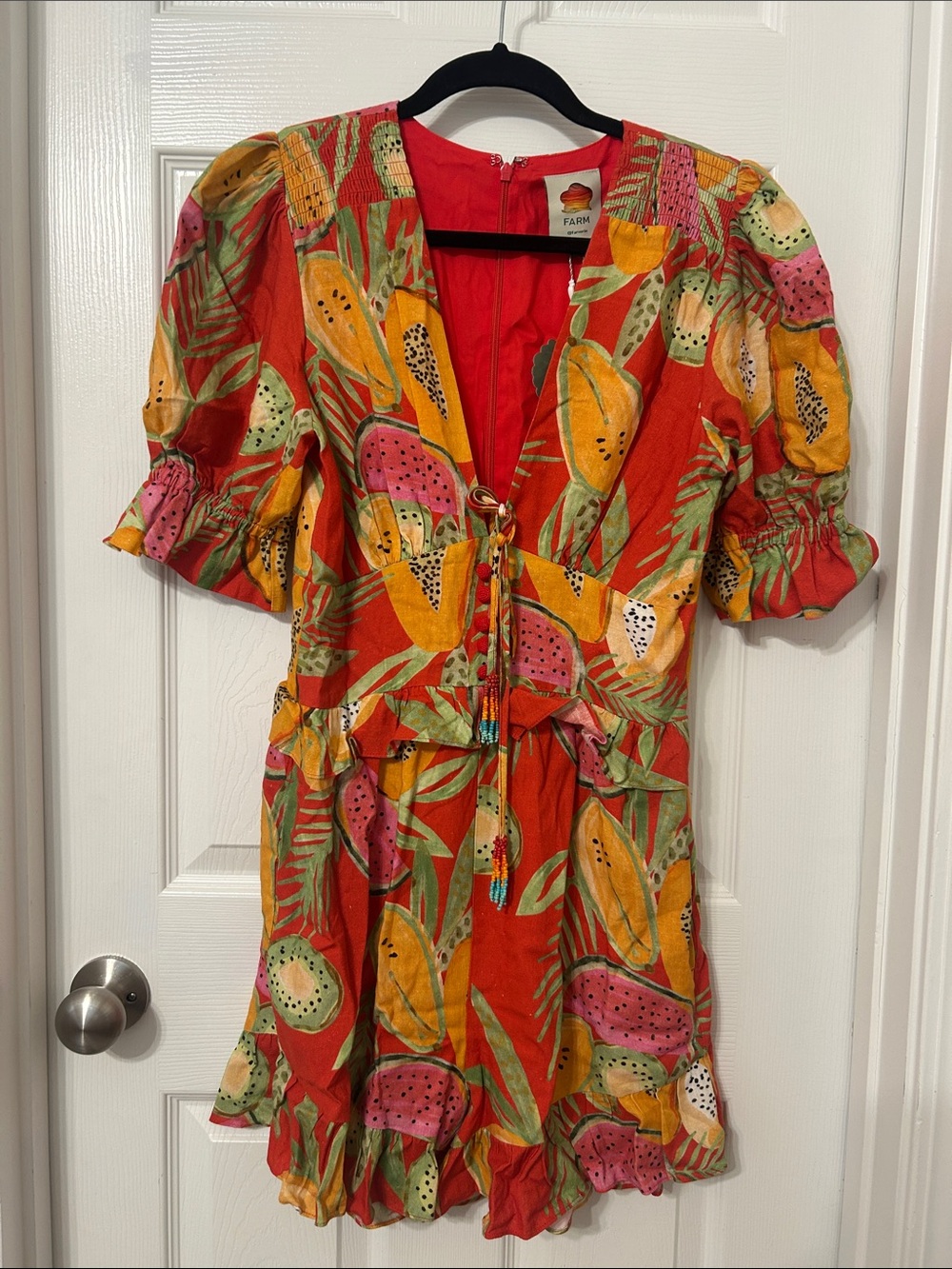 NWT FARM Rio Red Tropical Fruit Print Tie-Front Jumpsuit